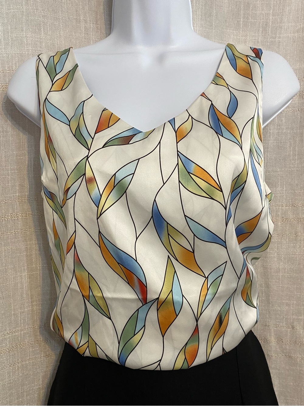 Ekouaer Medium M Satin Stained Glass Leaf Print V-Neck Tank Top Cami